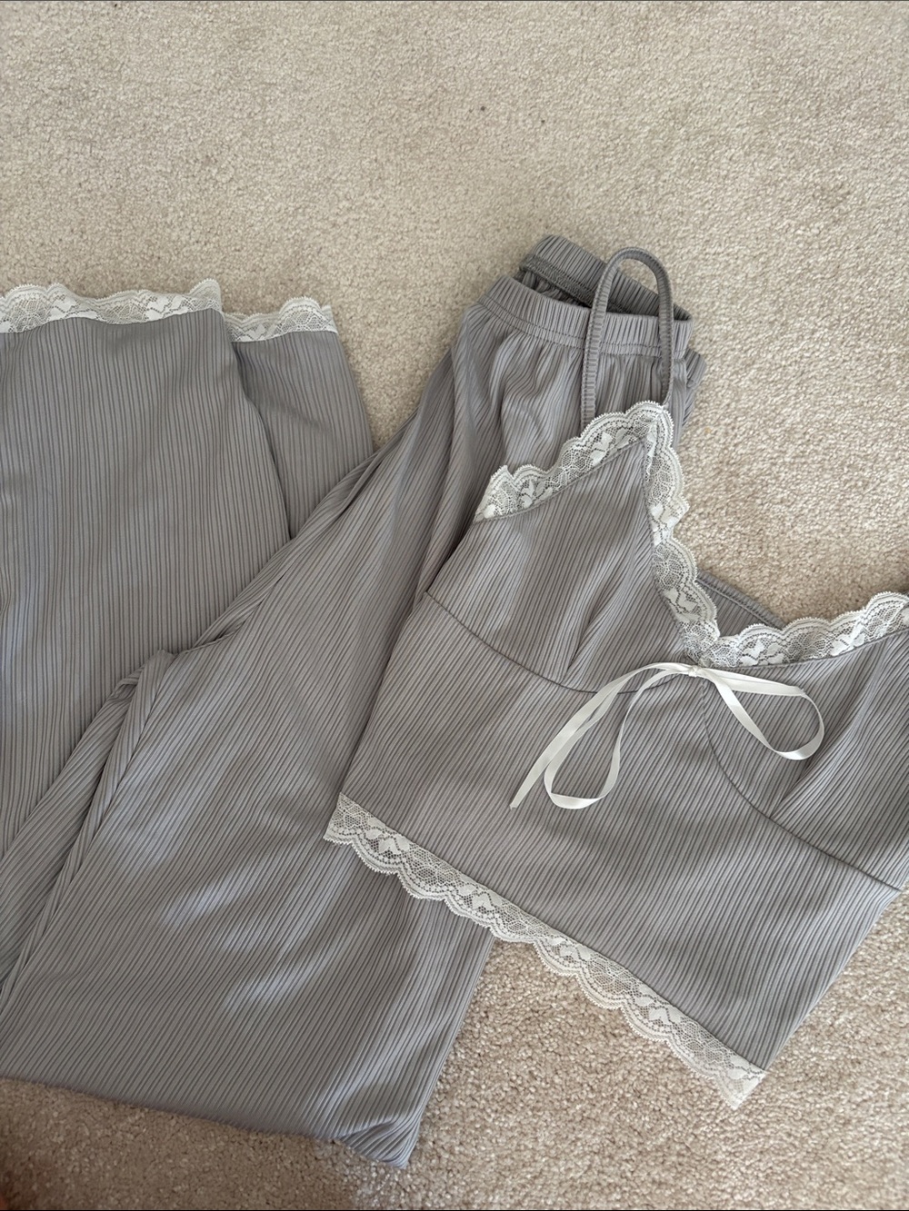 SHEIN Gray Ribbed Lace-Trim Cami & Pants Sleep Set FREEw/any purchase